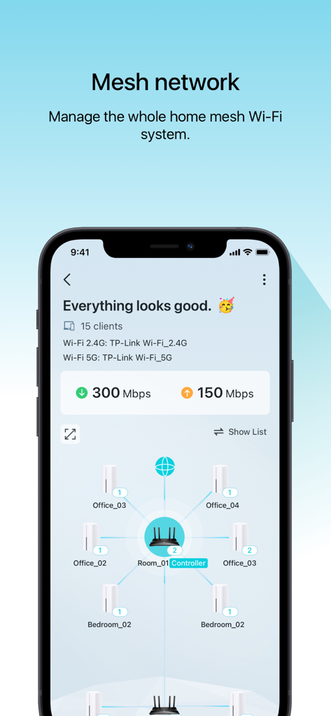 TP-Link Aginet app dashboard showing a visual map of a home mesh WiFi network and internet connection speeds