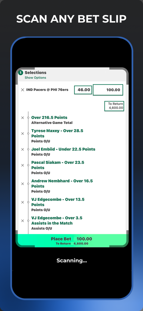 A smartphone screen using the Zort app to scan a digital basketball parlay bet slip for tracking