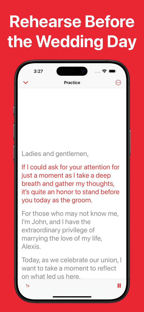 AI Wedding Speech Writer - Captura de pantalla de iPhone que muestra la función de modo de ensayo para practicar un discurso de boda en la aplicación WedSpeak
