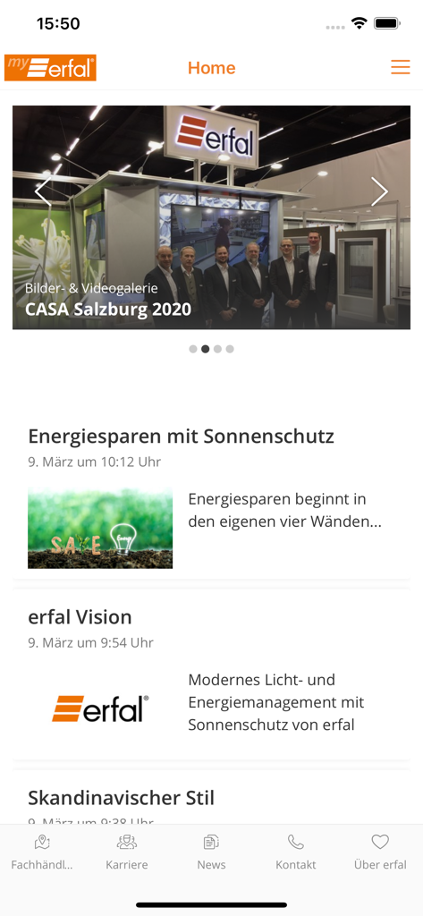 myerfal 모바일 앱의 홈 화면. 에너지 절약 및 인테리어 디자인 트렌드에 대한 기사가 있는 뉴스 피드를 표시합니다.