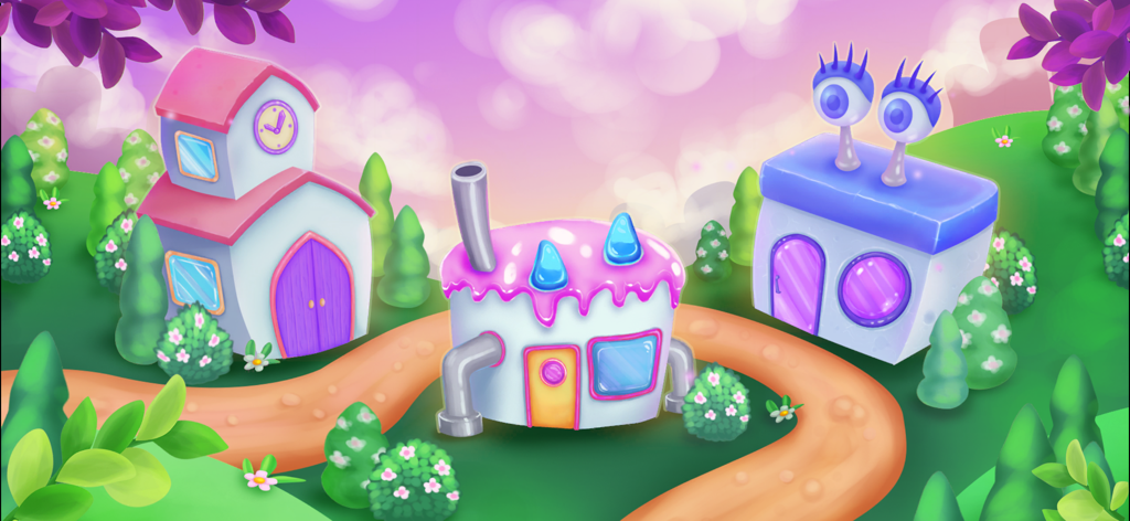 Main menu screen of Purple Place showing three whimsical buildings for different game modes