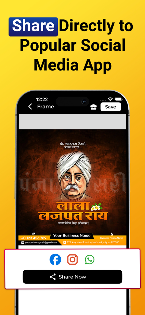 Mobile app interface showing options to share a custom festival poster directly to WhatsApp, Facebook, and Instagram