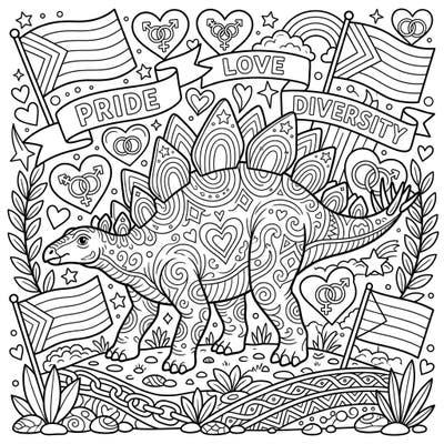 Unleash your creativity with this fantastic coloring page featuring a majestic Stegosaurus Stenops celebrating Pride Month. This unique design combines prehistoric wonder with vibrant symbols of love, diversity, and community.