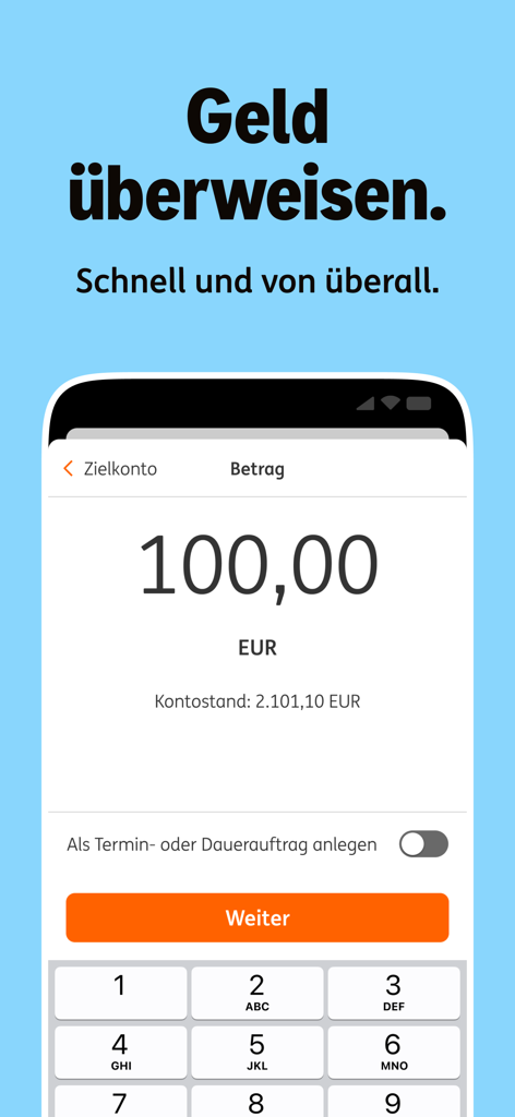 ING Deutschland mobile banking app interface for sending money transfers