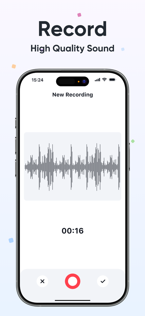 Vocalize - Record & Speak - A smartphone screen displaying the Vocalize app interface during a live audio recording with a visual waveform and timer.