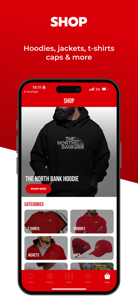 Interface of the Gunners app shop section displaying Arsenal fan apparel including hoodies tshirts jackets and hats