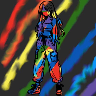 girl in baggy pants crop top and long hair