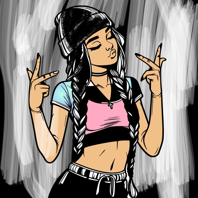 realistic teenage girl with braids and a beanie and crop top doing 🫶🏼