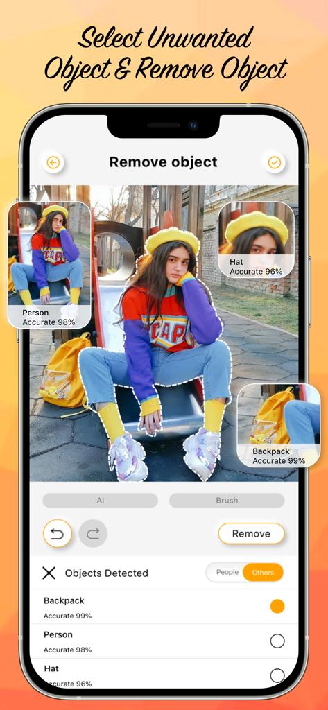 Interface of the Remove Things From Photos app showing AI detection of a person, hat, and backpack for object removal.