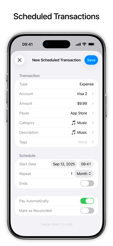 Interface para configurar uma despesa mensal recorrente no aplicativo de finanças pessoais Balance
