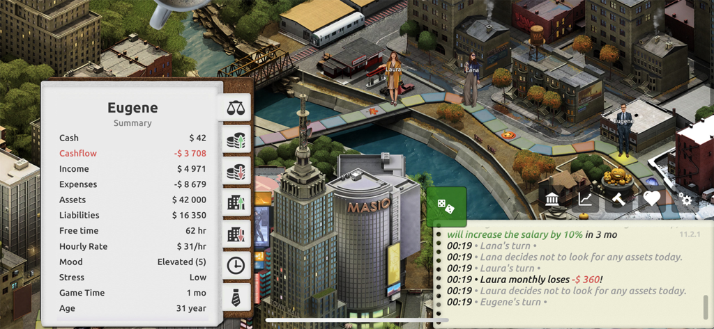 Timeflow: Business Tycoon Game - Jugabilidad de Timeflow que muestra las estadísticas financieras del personaje y el mapa de la ciudad