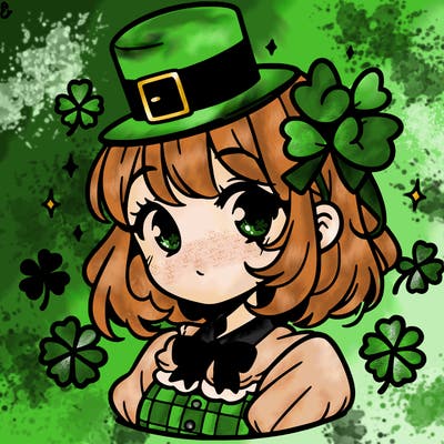 a manga-style girl with clovers around her, a little hat in her hair, like it's saint patrick's day