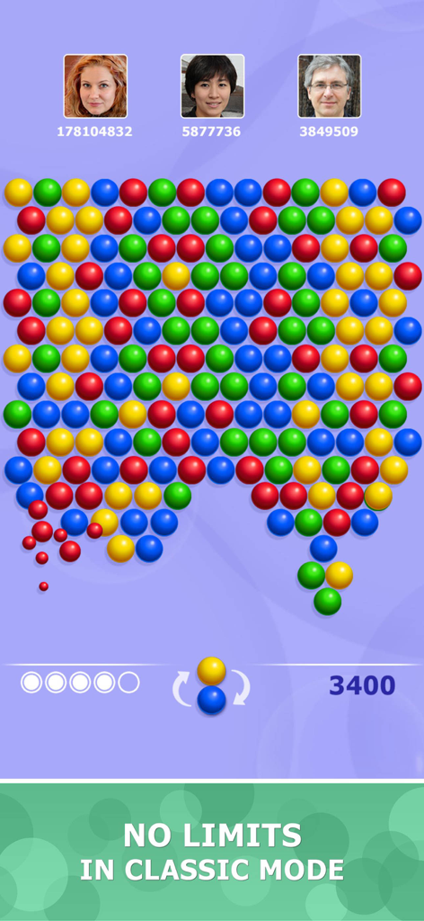 Classic mode gameplay in Bubblez Magic Bubble Quest showing colorful bubbles and player scores