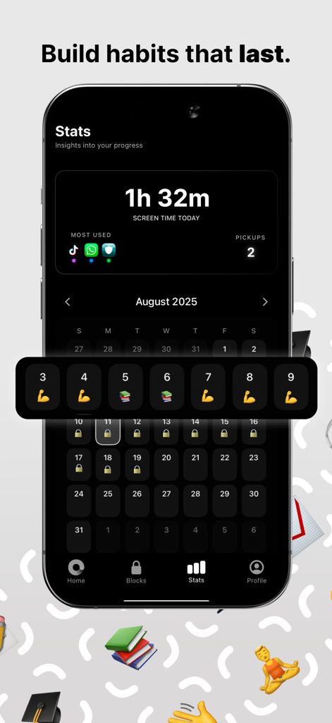 One Thing: Earn Your Scroll - Dashboard of the One Thing app showing screen time stats and a calendar tracking daily habits.