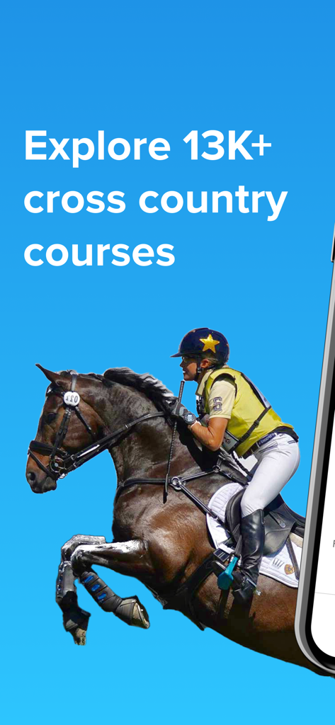 A female rider on a horse jumping over an obstacle with text saying Explore 13K plus cross country courses.