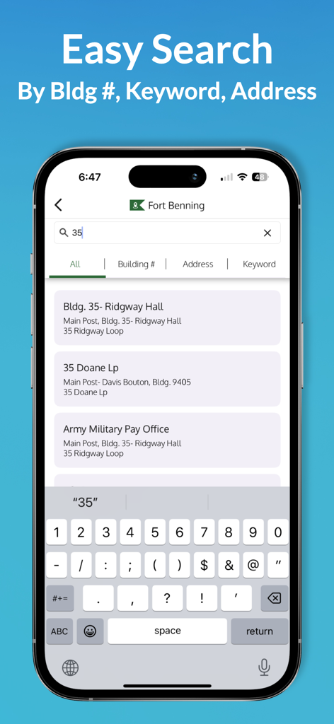A mobile screen showing the GuideOn Military app's search feature for building numbers and locations at Fort Benning.