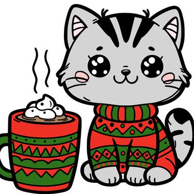cat with hot chocolate in a christmas mug