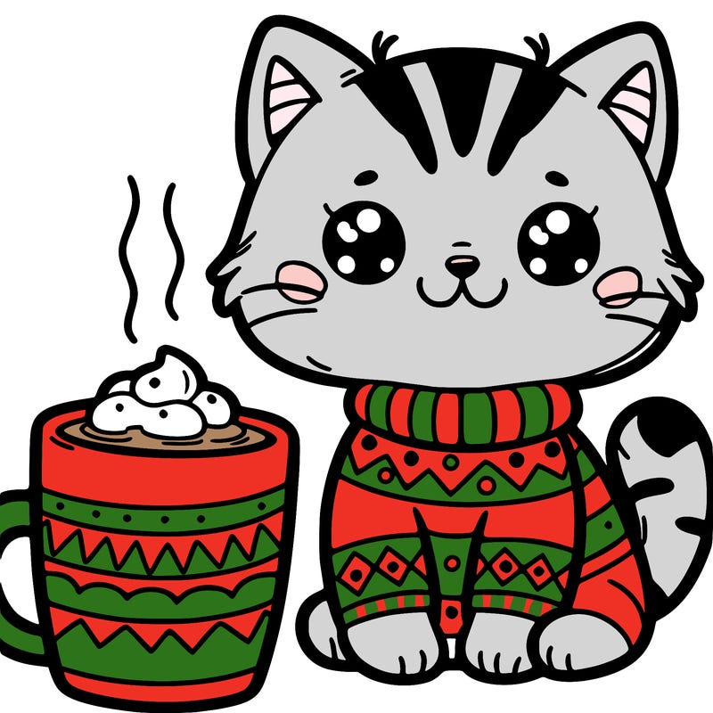 cat with hot chocolate in a christmas mug