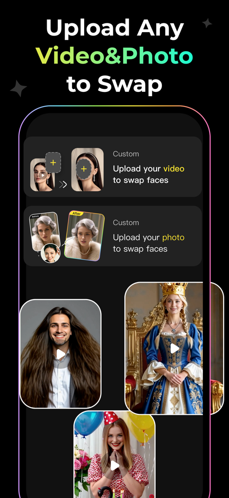 AI Face Swap Video & Photo - Interface of an AI face swap app showing options to upload videos and photos for swapping faces