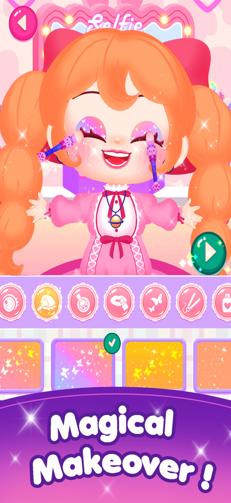 A cute cartoon girl with orange pigtails receiving a sparkly glitter eyeshadow makeover in the BonBon Makeup app.