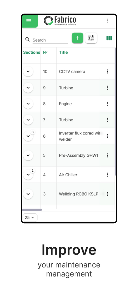 Fabrico - Fabrico app interface showing a list of industrial equipment for maintenance management