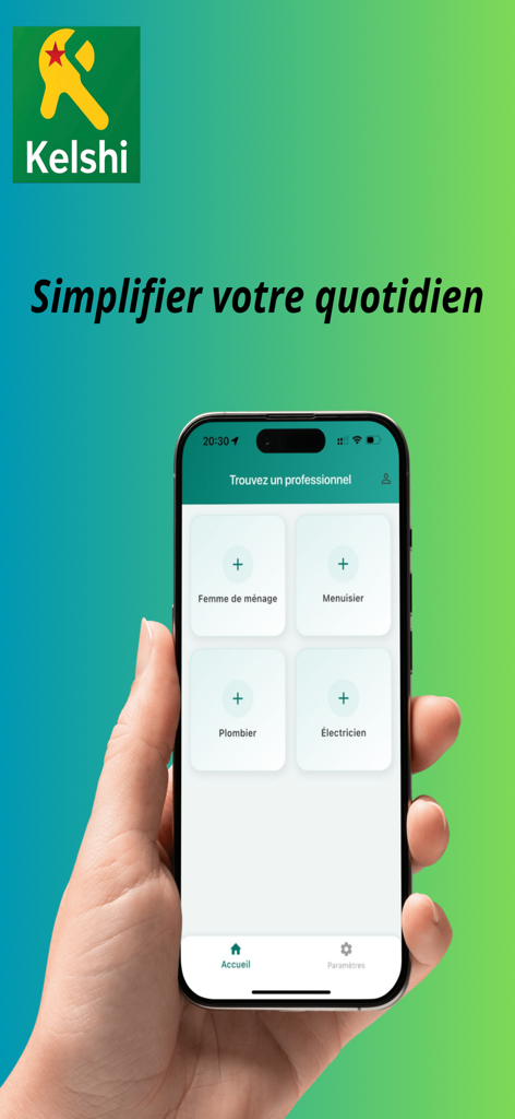 ケルシのモバイルアプリ画面、iPhone上に、家政婦や配管工などの専門サービスが選択されている様子