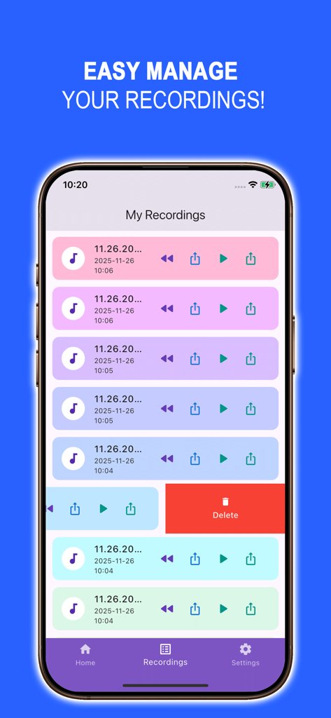Reverse Singing Audio Trend - A list of audio recordings in the Reverse Singing app with options to play share and delete
