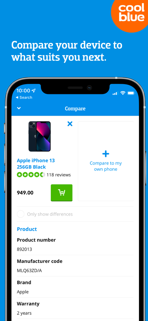Coolblue app interface showing smartphone comparison tool for iPhone