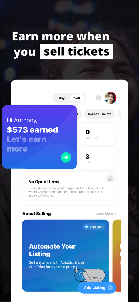 TickPick: No Fee Tickets - TickPick app seller dashboard showing earnings total and listing options for users to sell tickets