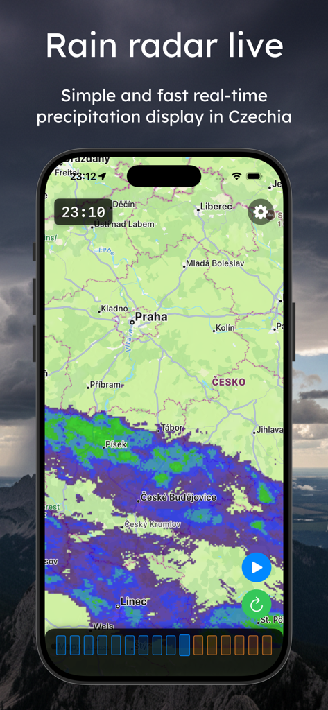 Application mobile Meteoradar CZ affichant une carte radar de pluie en direct de la République tchèque