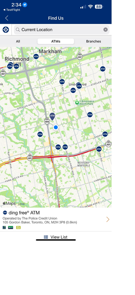 FirstOntario Mobile Banking - Map view in the FirstOntario Mobile Banking app showing ding-free ATM locations
