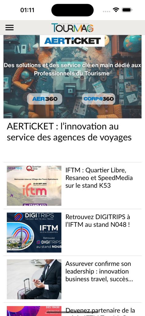TourMaG app interface showing professional tourism news and travel industry updates