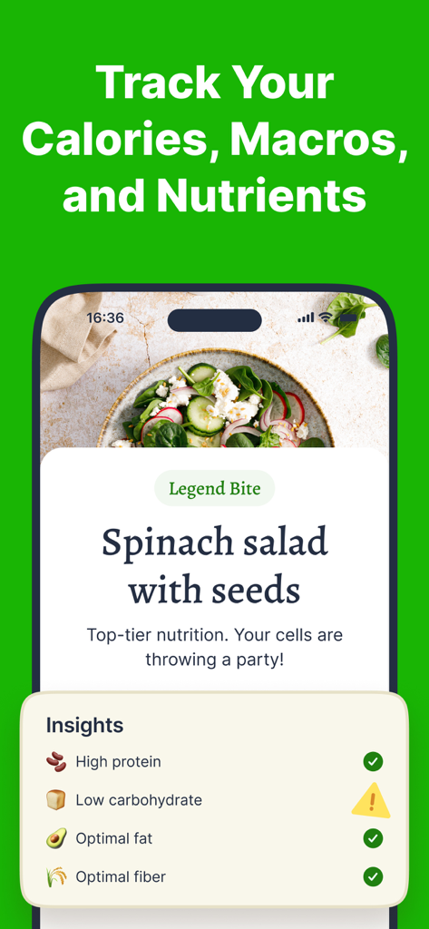 Goodbite: AI Calorie Counter - Goodbite app interface showing nutritional insights and macro tracking for a spinach salad