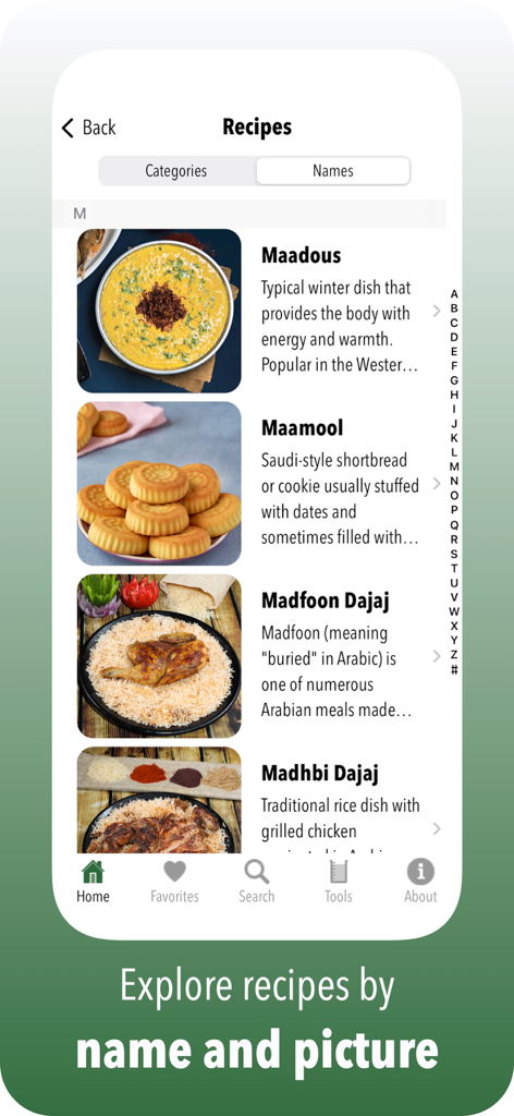 Browse Saudi recipes by name with high quality food images in the app.