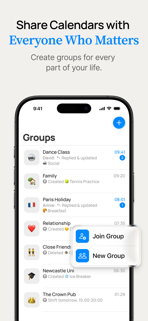 Die OurCal-App-Oberfläche zeigt verschiedene gemeinsame Kalendergruppen wie Familie und Tanzkurs an.