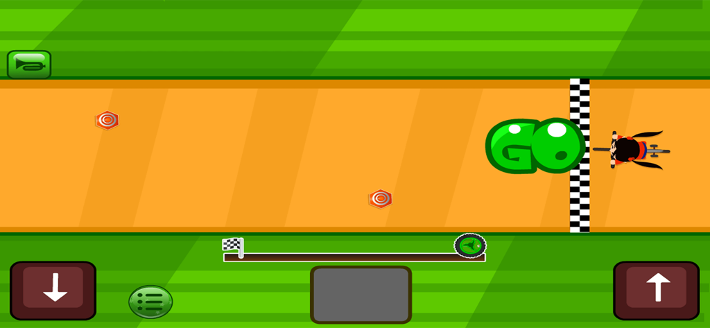 Clean Up, Bike Car Wash Games - Una bicicleta de dibujos animados en la línea de salida de una pista con una gran señal verde de SALIDA en un juego móvil para niños.