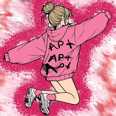 realistic girl jumping with a bun and oversized sweatshirt