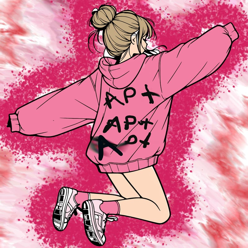 realistic girl jumping with a bun and oversized sweatshirt