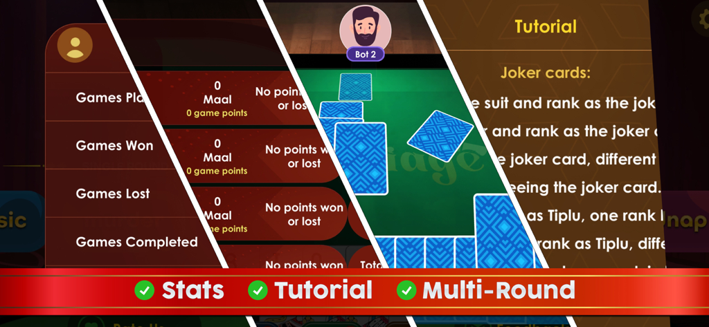 Marriage Cards Game - A collage of the Marriage Cards Game app displaying the player statistics screen a game in progress against a bot and the tutorial section.