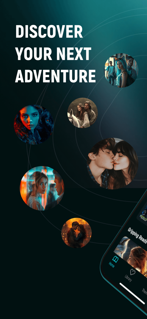 LunaLit-Novel Oasis - Tela do aplicativo LunaLit apresentando vários temas de livros de romance e fantasia com o texto Descubra Sua Próxima Aventura