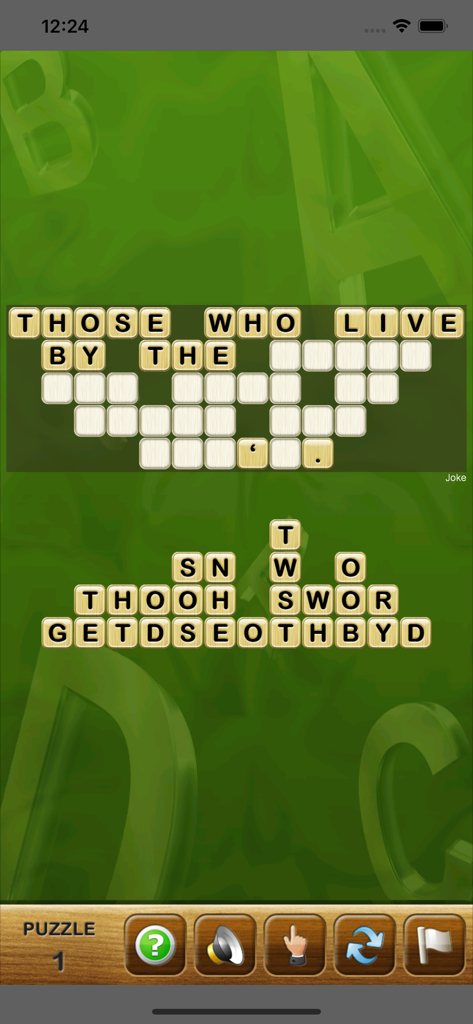 Topple! - Screenshot of Topple mobile app showing a word puzzle where letters are dragged vertically to reconstruct a famous quote