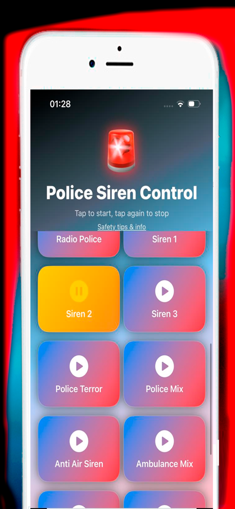 Police Siren Sound - Interface of the Police Siren Sound app showing buttons for various emergency vehicle siren effects and a flashing red light.