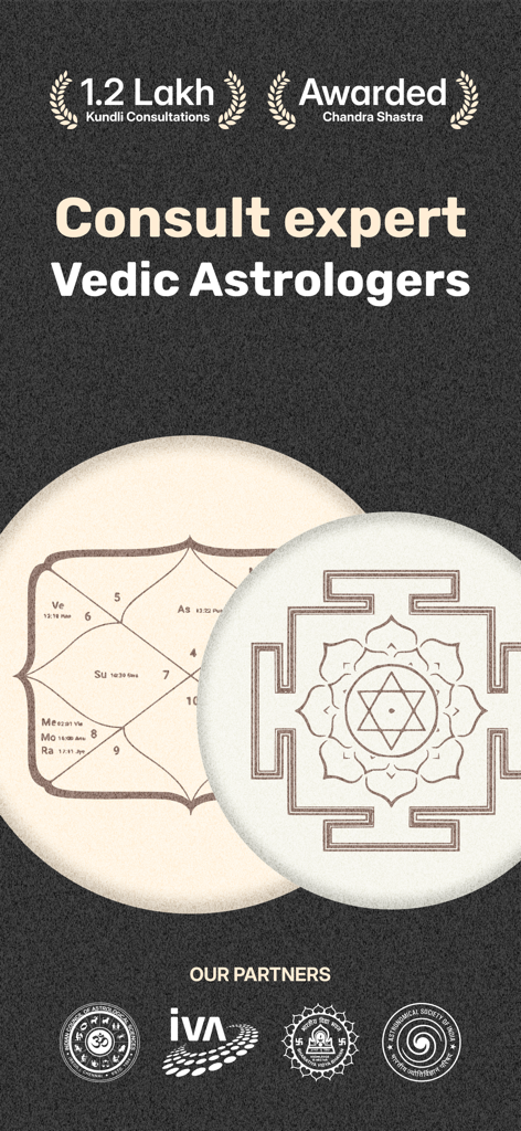 Vaya Astrology - Vaya占星術アプリのインターフェース。専門的なヴェーダ占星術師のコンサルテーションと認定パートナーを強調表示しています。