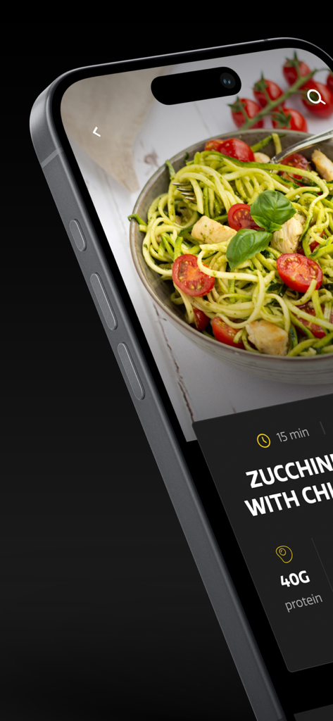 Mobile app screen displaying a high protein zucchini and chicken recipe