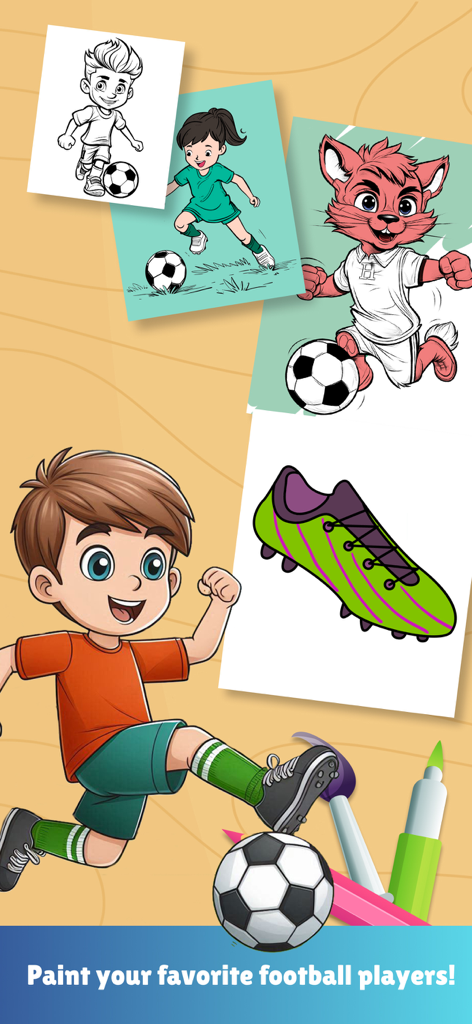 Paint magic soccer pages - Cartoon-Fußballspieler und Ausrüstung auf einer digitalen Mal-App-Oberfläche für Kinder