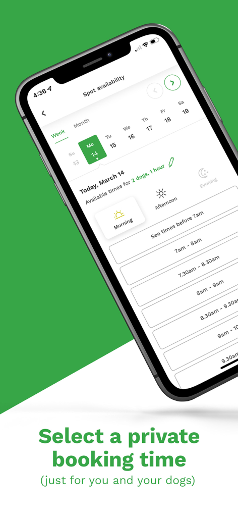 Écran de l'application Sniffspot montrant les heures de réservation disponibles pour un parc pour chiens privé