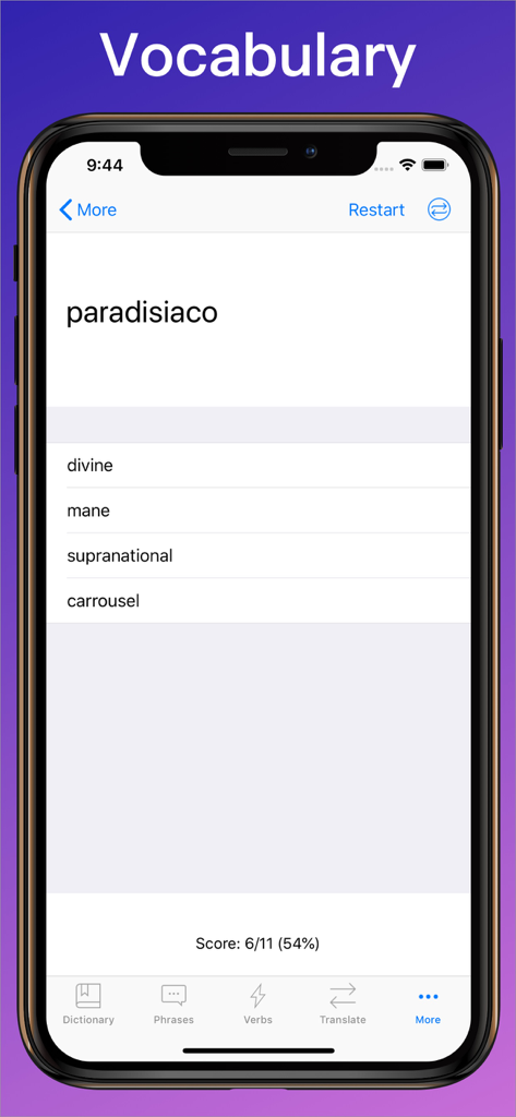Italian Translator + - Tela de quiz de vocabulário do aplicativo Italian Translator em um iPhone