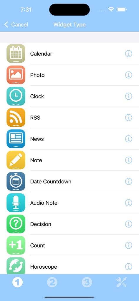 My Widgets - Una lista de varios tipos de widgets disponibles en la aplicación Mis Widgets, incluyendo Calendario, Foto, Reloj y Nota