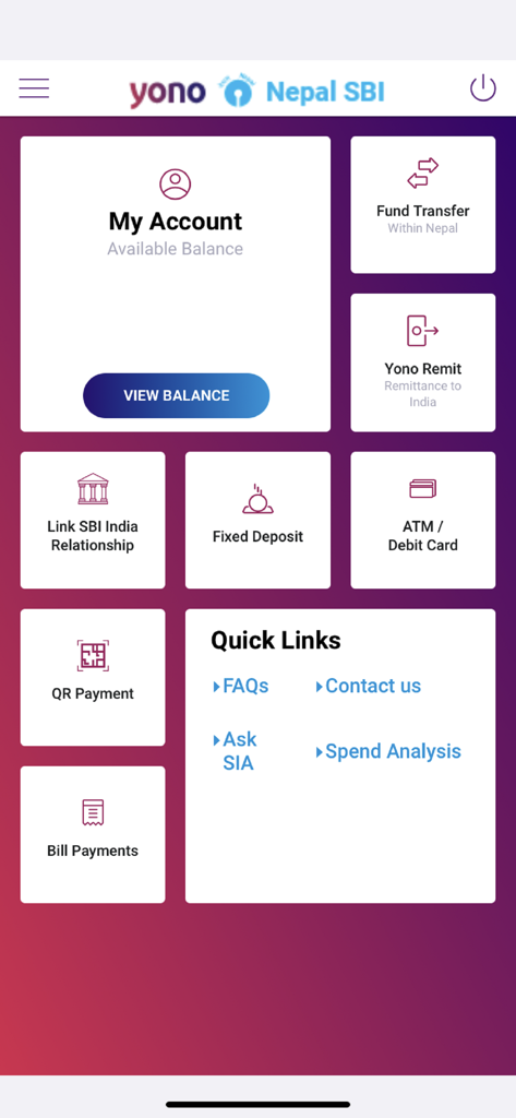 Dashboard of YONO Nepal SBI app showing account balance and banking features like fund transfer and remittance.