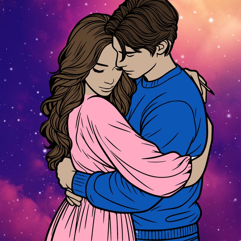 a realistic picture of a woman and man hugging